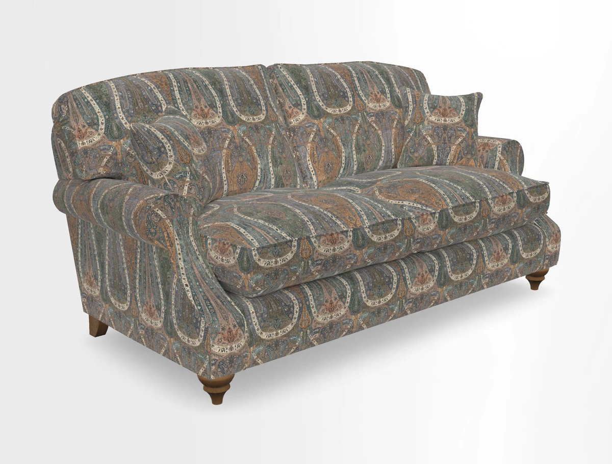 St Mawes 3 Seater Sofa in RHS Collection Gertrude Jekyll Trailing Vine Green-With-Scatters in Linwood Omega Velvet Hunter Green