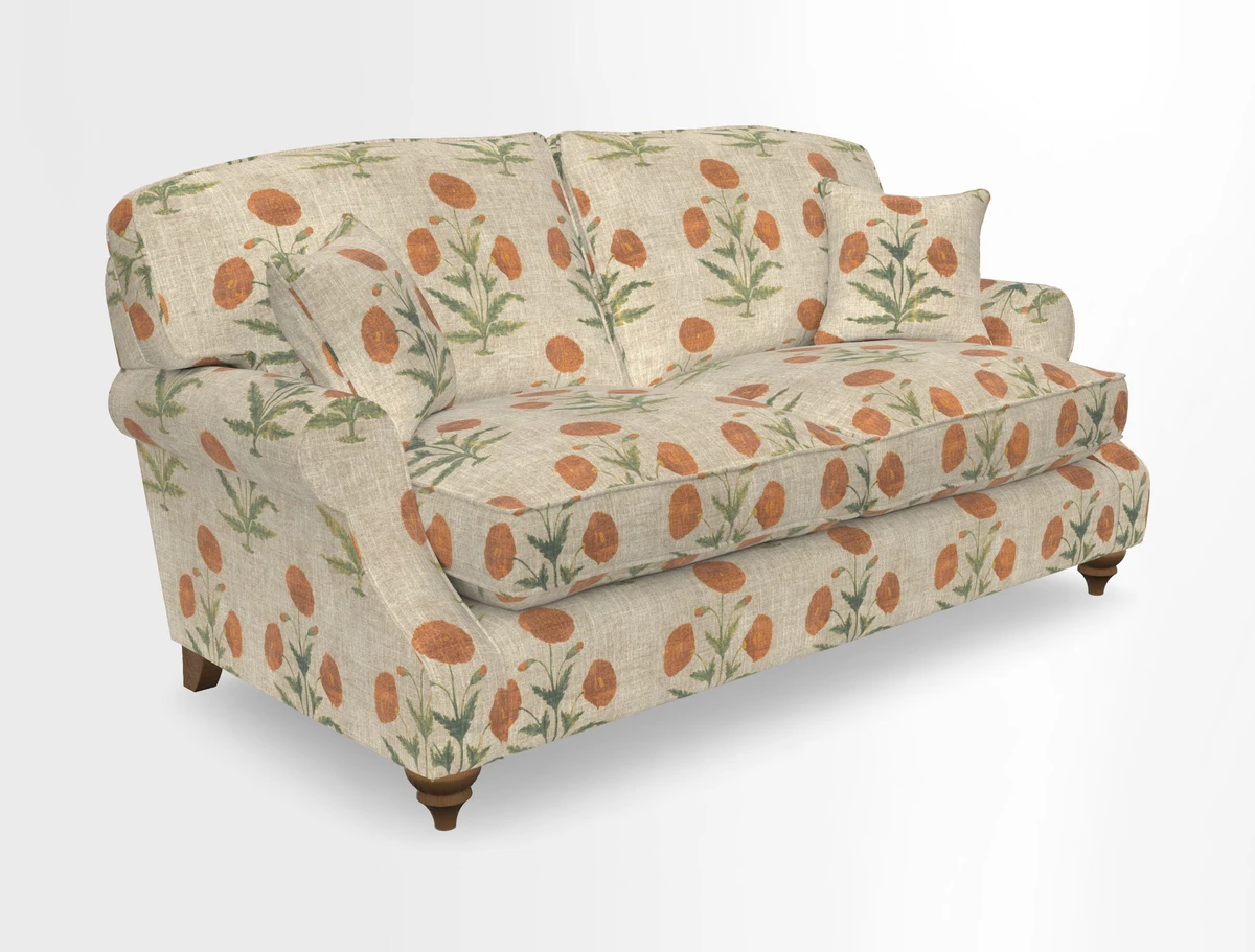 St Mawes 3 Seater Sofa in RHS Collection Gertrude Jekyll Trailing Vine Green-With-Scatters in Linwood Omega Velvet Hunter Green