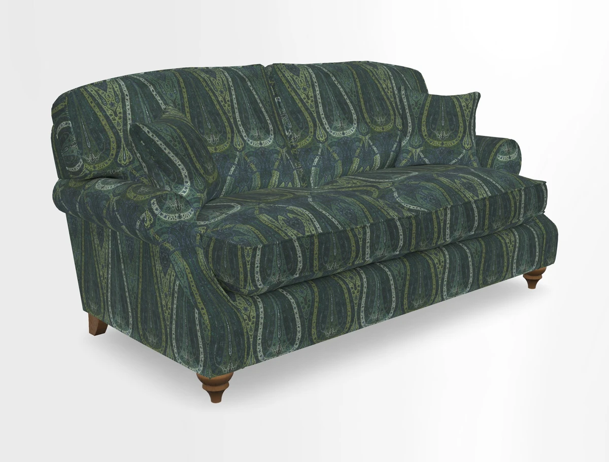 St Mawes 3 Seater Sofa in RHS Collection Gertrude Jekyll Trailing Vine Green-With-Scatters in Linwood Omega Velvet Hunter Green