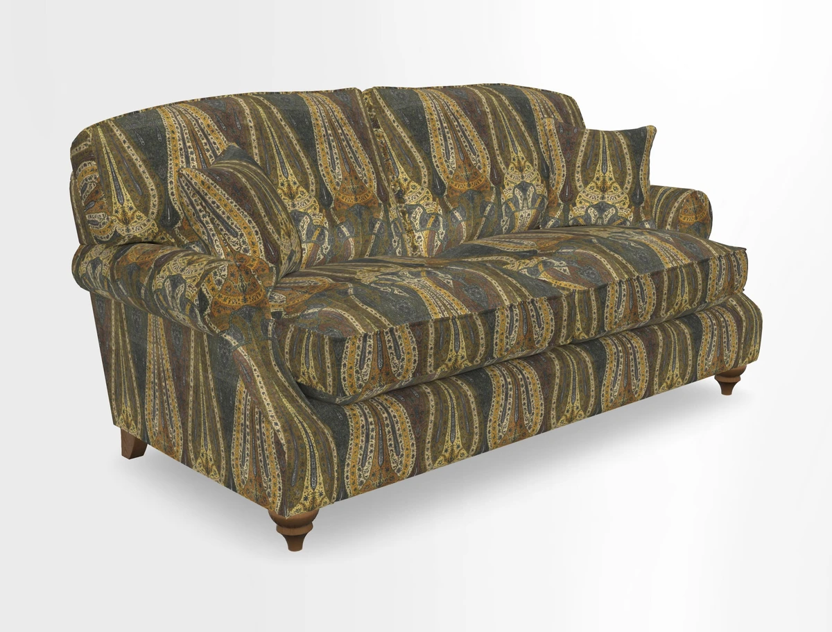 St Mawes 3 Seater Sofa in RHS Collection Gertrude Jekyll Trailing Vine Green-With-Scatters in Linwood Omega Velvet Hunter Green