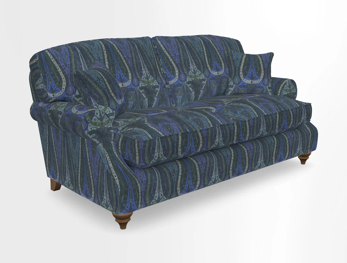 St Mawes 3 Seater Sofa in RHS Collection Gertrude Jekyll Trailing Vine Green-With-Scatters in Linwood Omega Velvet Hunter Green