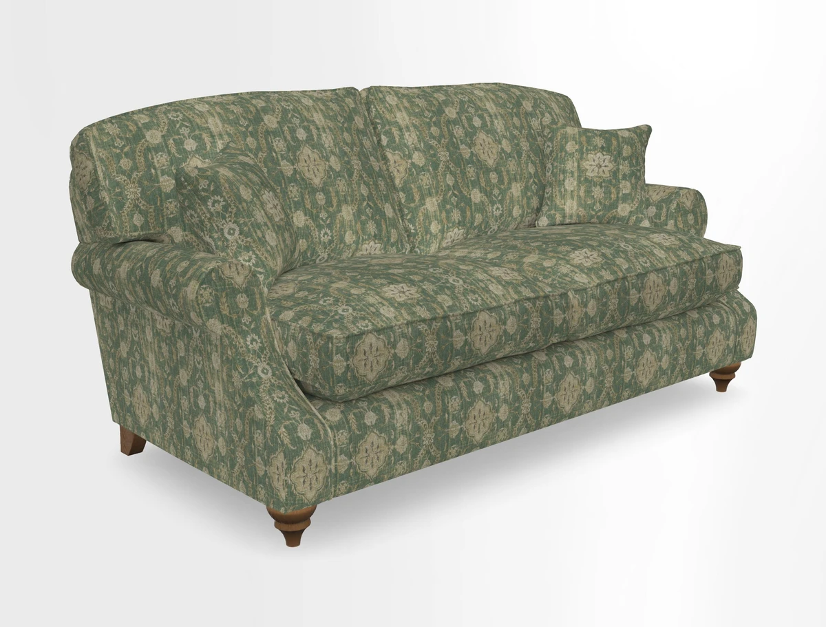 St Mawes 3 Seater Sofa in RHS Collection Gertrude Jekyll Trailing Vine Green-With-Scatters in Linwood Omega Velvet Hunter Green