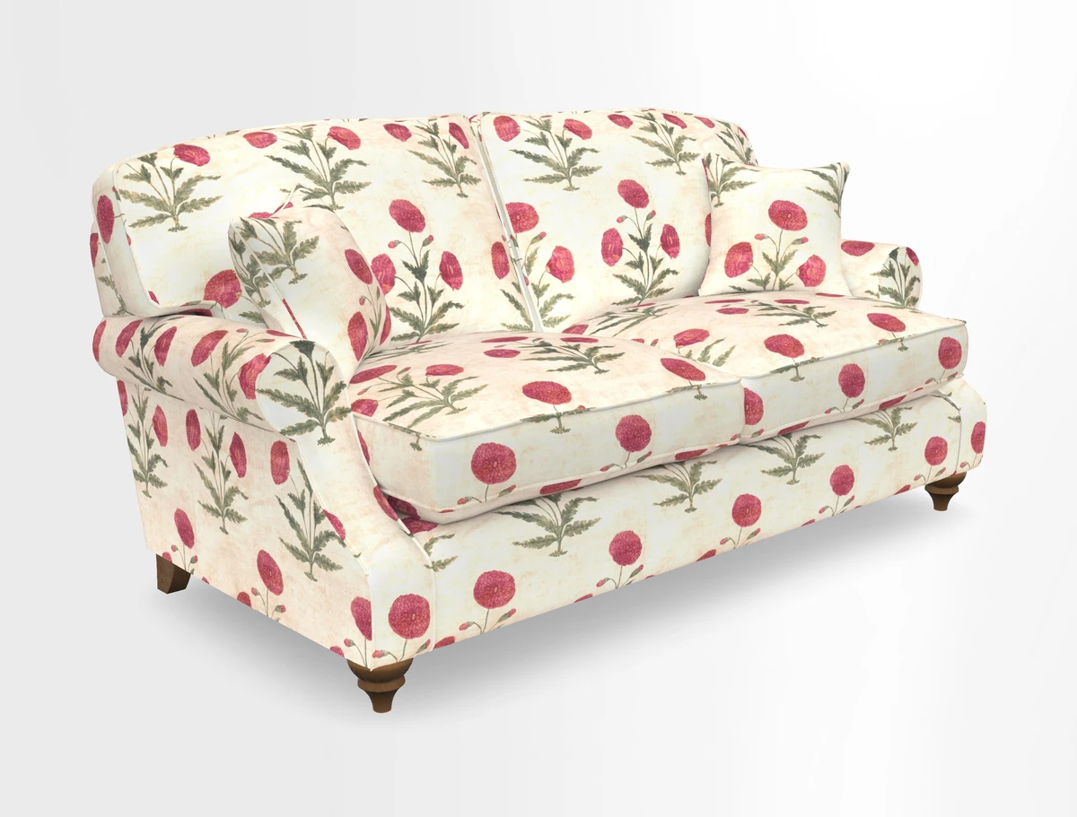 St Mawes 3 Seater Sofa in RHS Collection Gertrude Jekyll Trailing Vine Green-With-Scatters in Linwood Omega Velvet Hunter Green