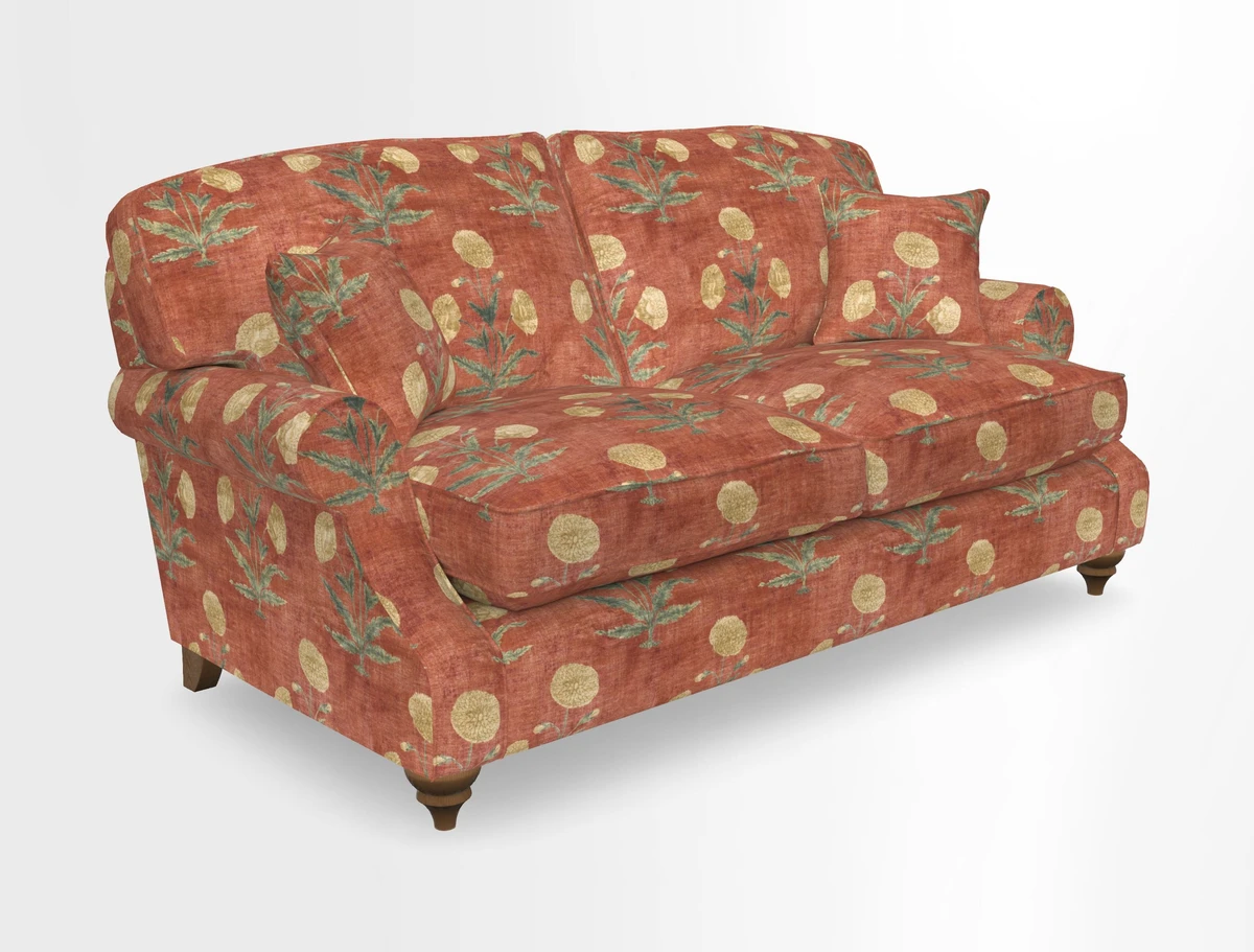 St Mawes 3 Seater Sofa in RHS Collection Gertrude Jekyll Trailing Vine Green-With-Scatters in Linwood Omega Velvet Hunter Green