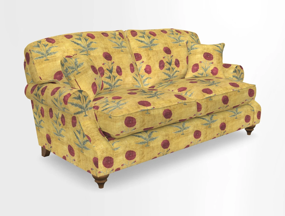 St Mawes 3 Seater Sofa in RHS Collection Gertrude Jekyll Trailing Vine Green-With-Scatters in Linwood Omega Velvet Hunter Green