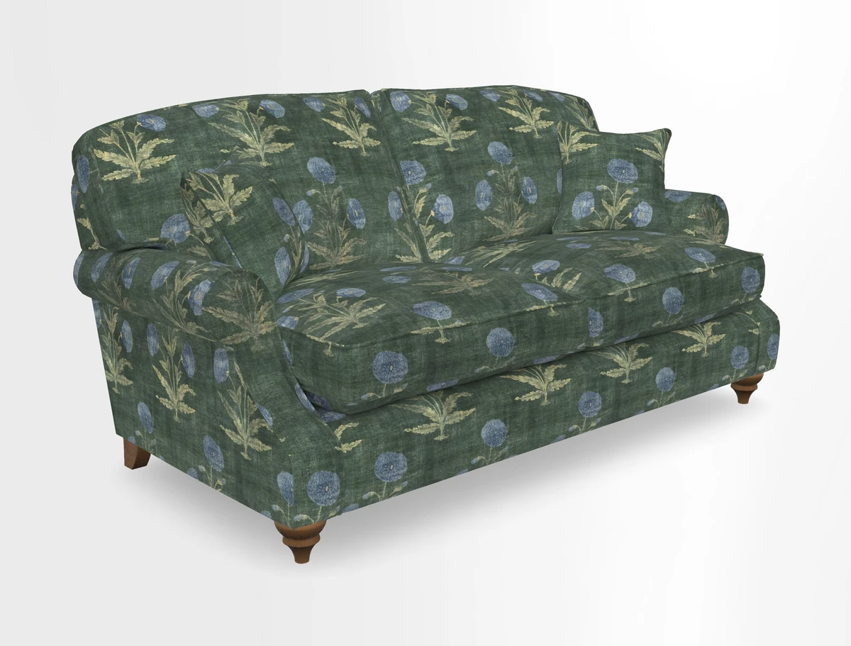 St Mawes 3 Seater Sofa in RHS Collection Gertrude Jekyll Trailing Vine Green-With-Scatters in Linwood Omega Velvet Hunter Green