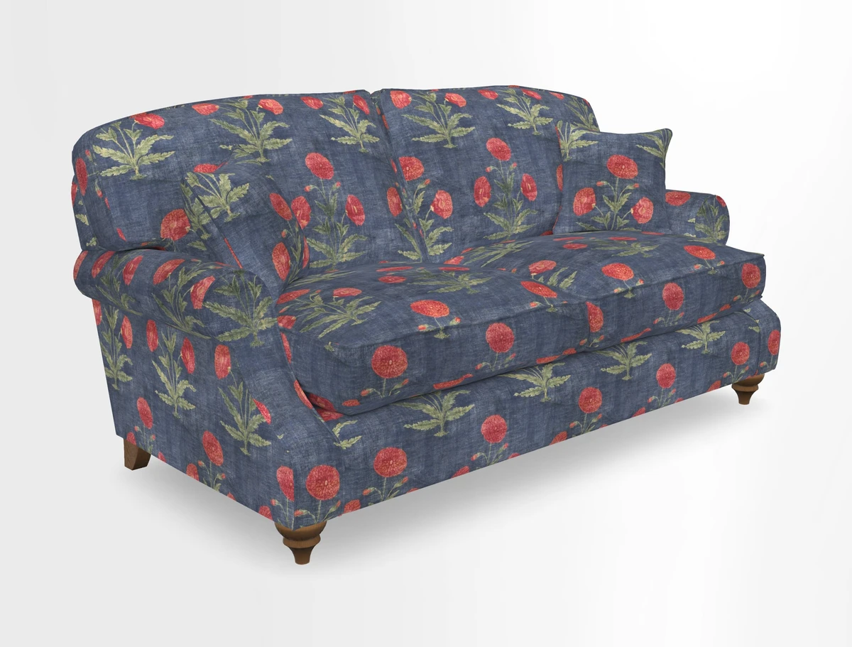 St Mawes 3 Seater Sofa in RHS Collection Gertrude Jekyll Trailing Vine Green-With-Scatters in Linwood Omega Velvet Hunter Green