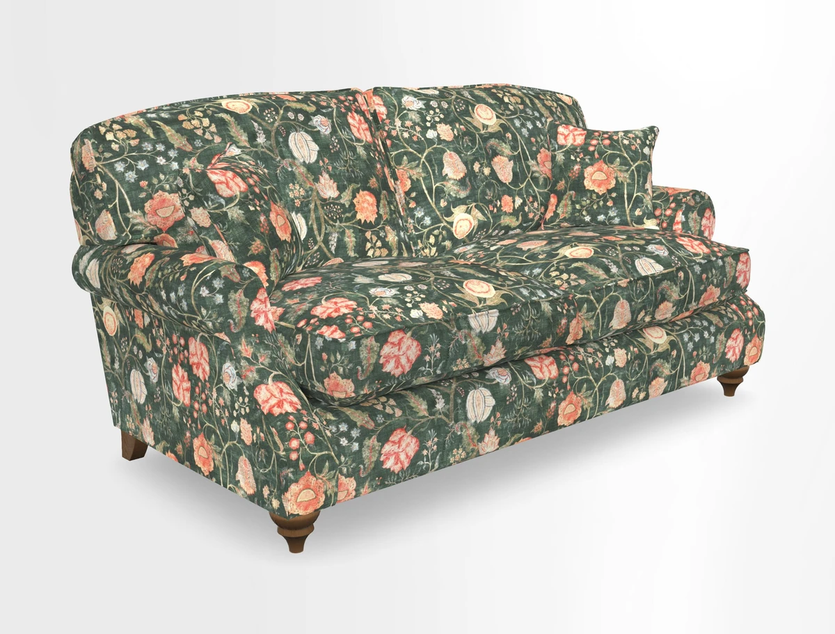 St Mawes 3 Seater Sofa in RHS Collection Gertrude Jekyll Trailing Vine Green-With-Scatters in Linwood Omega Velvet Hunter Green