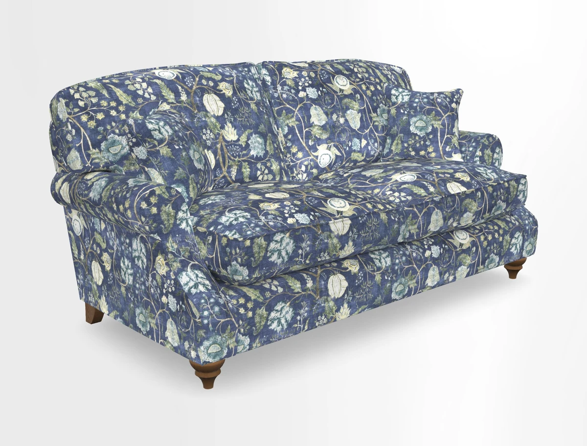 St Mawes 3 Seater Sofa in RHS Collection Gertrude Jekyll Trailing Vine Green-With-Scatters in Linwood Omega Velvet Hunter Green