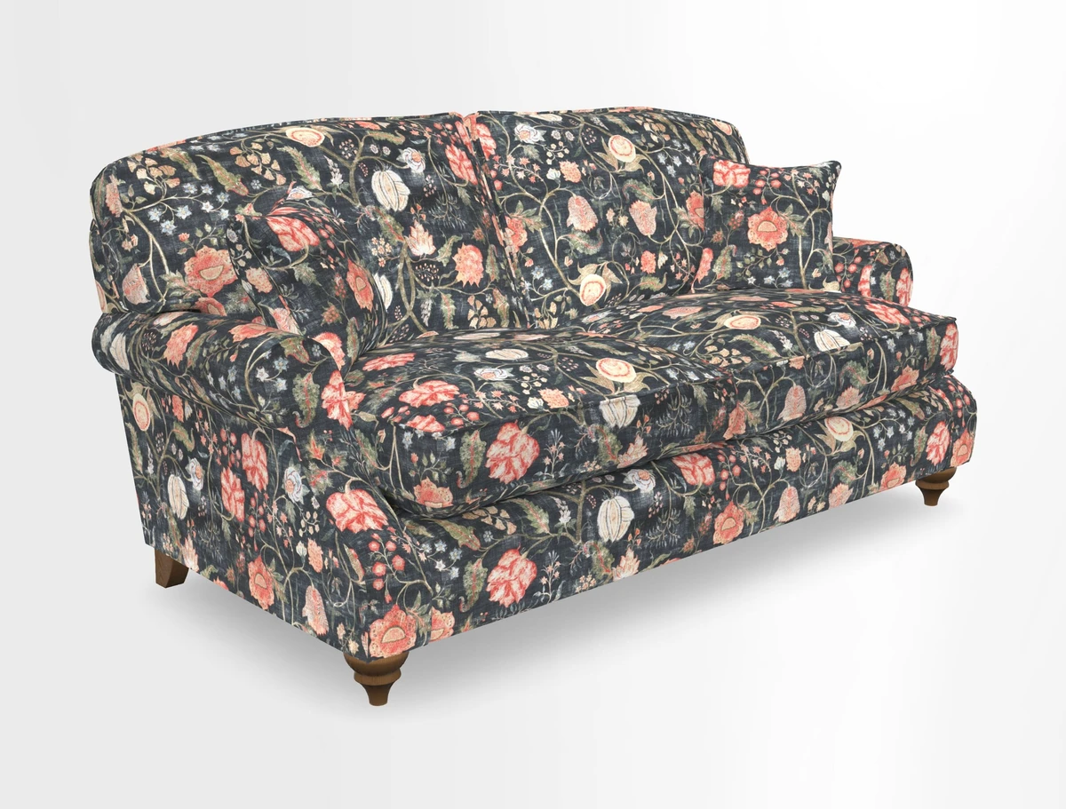 St Mawes 3 Seater Sofa in RHS Collection Gertrude Jekyll Trailing Vine Green-With-Scatters in Linwood Omega Velvet Hunter Green