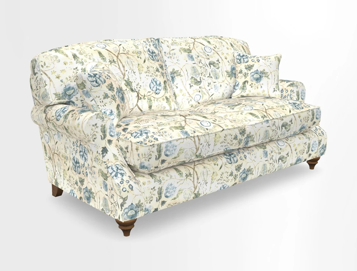St Mawes 3 Seater Sofa in RHS Collection Gertrude Jekyll Trailing Vine Green-With-Scatters in Linwood Omega Velvet Hunter Green