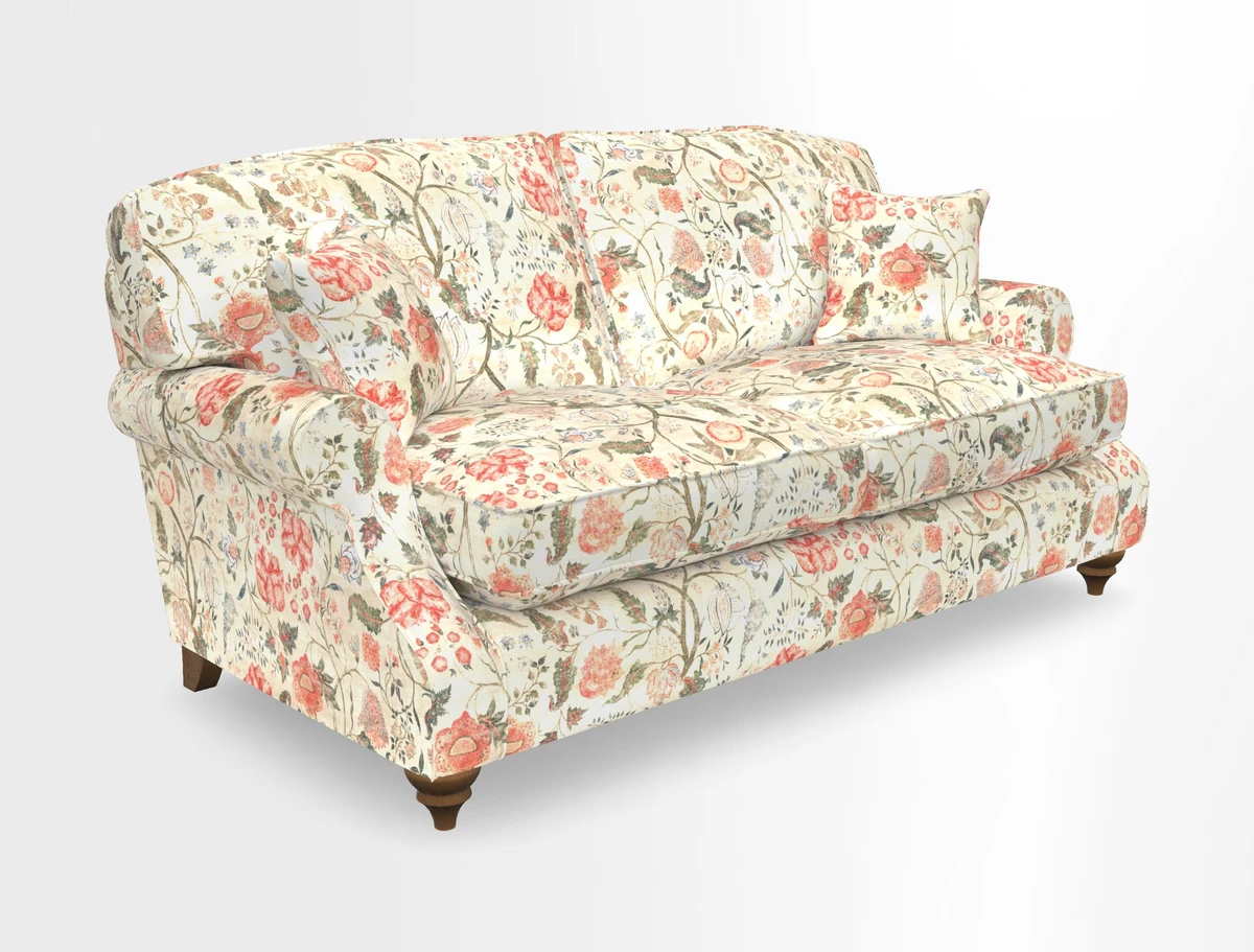 St Mawes 3 Seater Sofa in RHS Collection Gertrude Jekyll Trailing Vine Green-With-Scatters in Linwood Omega Velvet Hunter Green