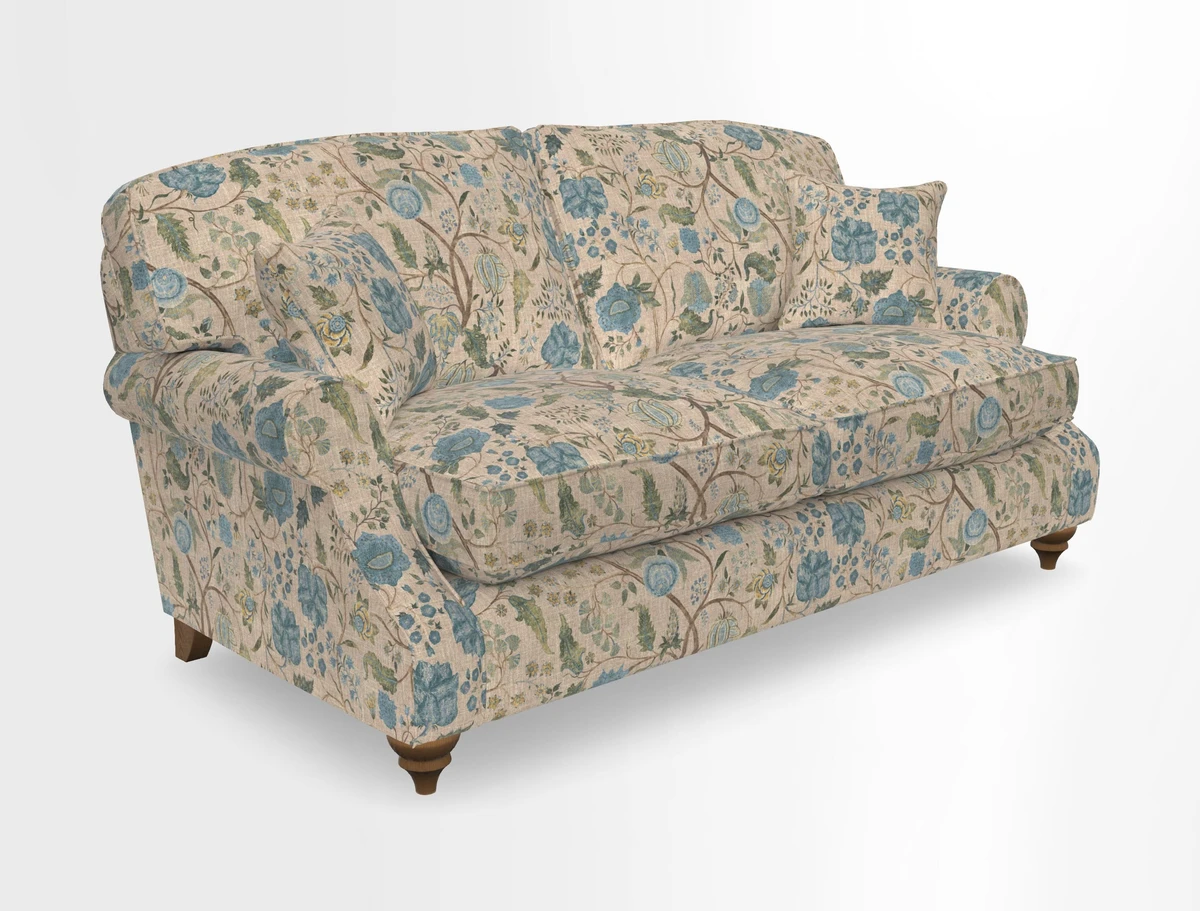 St Mawes 3 Seater Sofa in RHS Collection Gertrude Jekyll Trailing Vine Green-With-Scatters in Linwood Omega Velvet Hunter Green
