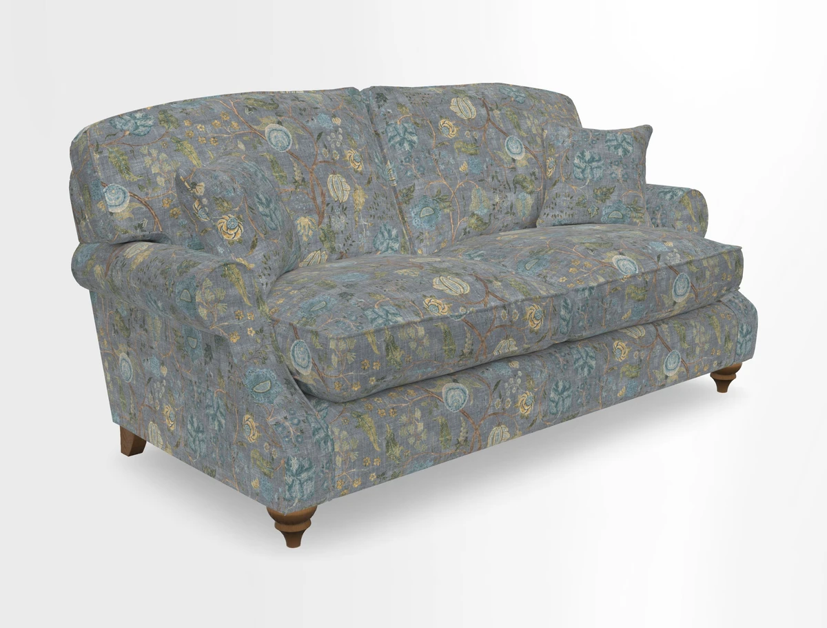 St Mawes 3 Seater Sofa in RHS Collection Gertrude Jekyll Trailing Vine Green-With-Scatters in Linwood Omega Velvet Hunter Green