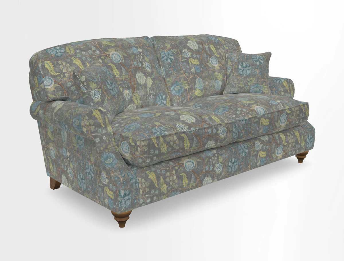 St Mawes 3 Seater Sofa in RHS Collection Gertrude Jekyll Trailing Vine Green-With-Scatters in Linwood Omega Velvet Hunter Green