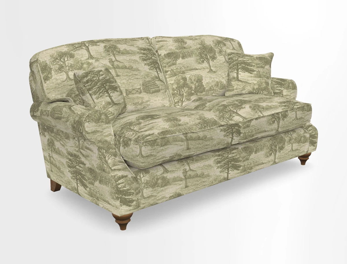 St Mawes 3 Seater Sofa in RHS Collection Gertrude Jekyll Trailing Vine Green-With-Scatters in Linwood Omega Velvet Hunter Green