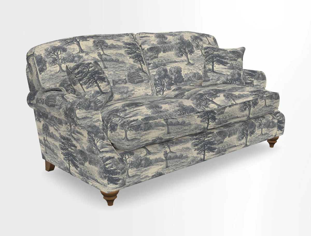 St Mawes 3 Seater Sofa in RHS Collection Gertrude Jekyll Trailing Vine Green-With-Scatters in Linwood Omega Velvet Hunter Green