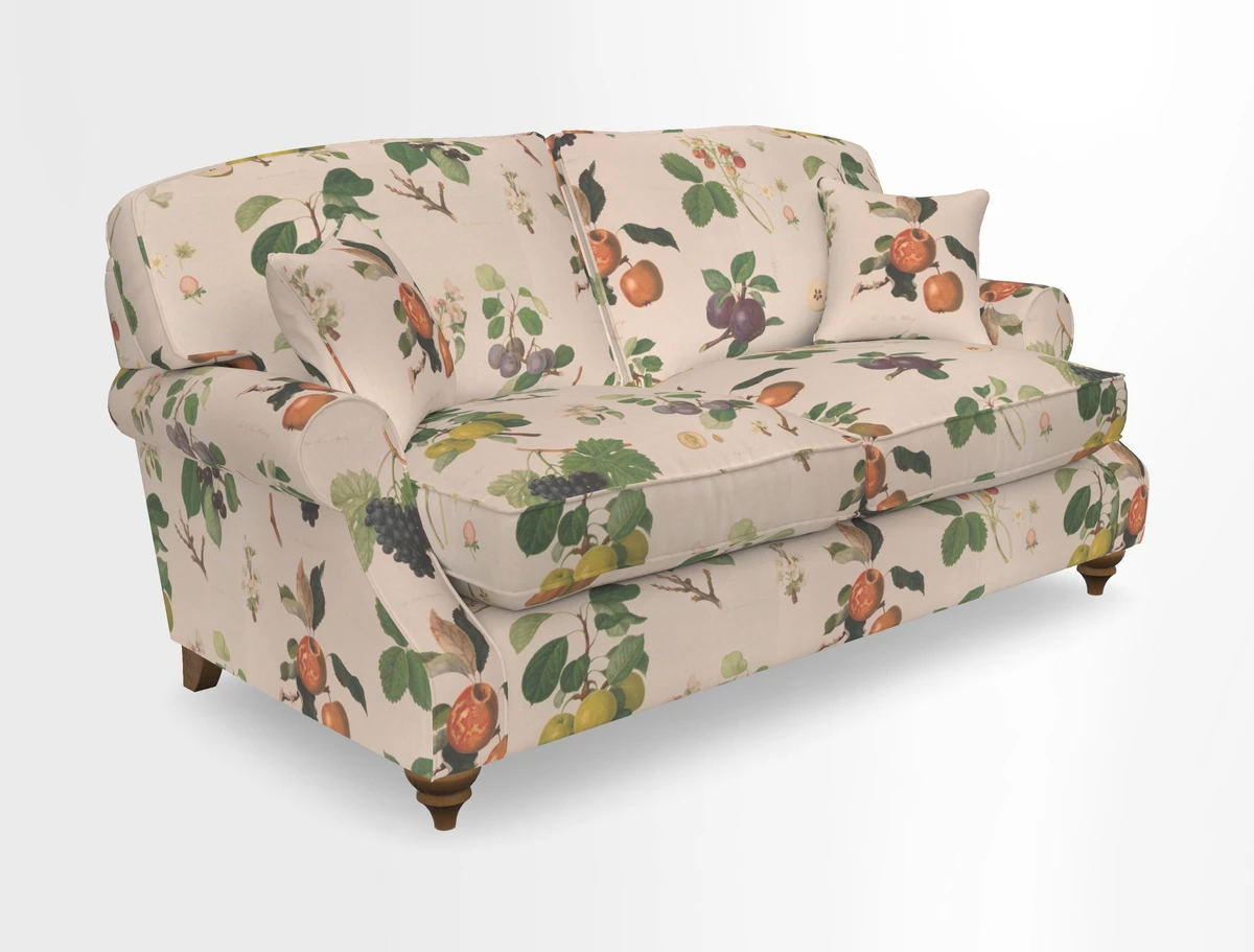 St Mawes 3 Seater Sofa in RHS Collection Gertrude Jekyll Trailing Vine Green-With-Scatters in Linwood Omega Velvet Hunter Green