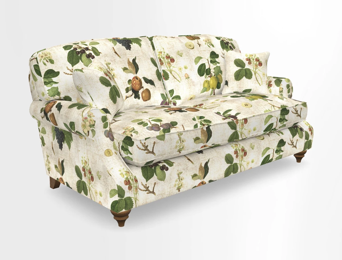 St Mawes 3 Seater Sofa in RHS Collection Gertrude Jekyll Trailing Vine Green-With-Scatters in Linwood Omega Velvet Hunter Green