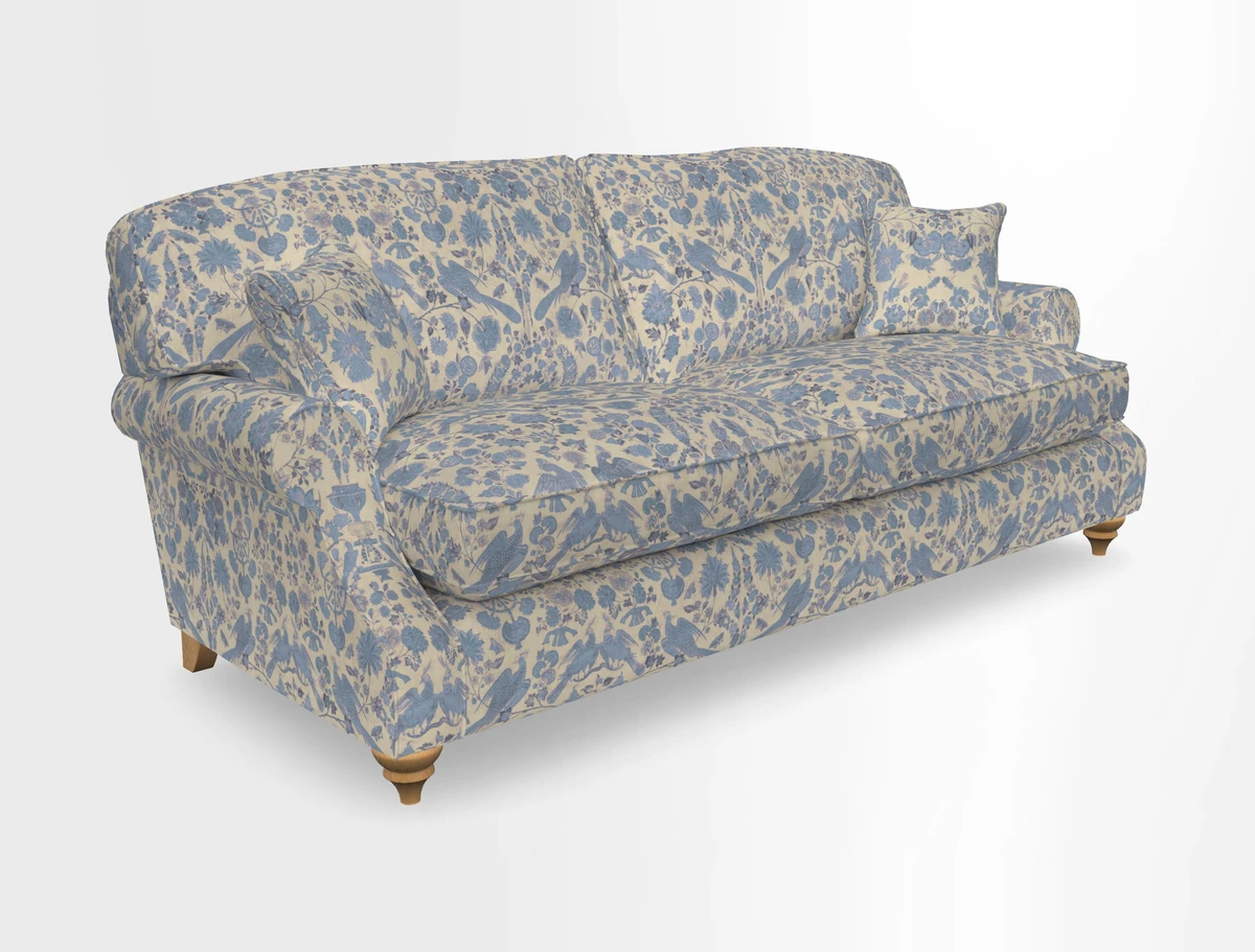 St Mawes 3 Seater Sofa in RHS Collection Gertrude Jekyll Trailing Vine Green-With-Scatters in Linwood Omega Velvet Hunter Green
