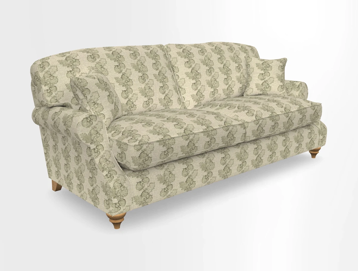St Mawes 3 Seater Sofa in RHS Collection Gertrude Jekyll Trailing Vine Green-With-Scatters in Linwood Omega Velvet Hunter Green