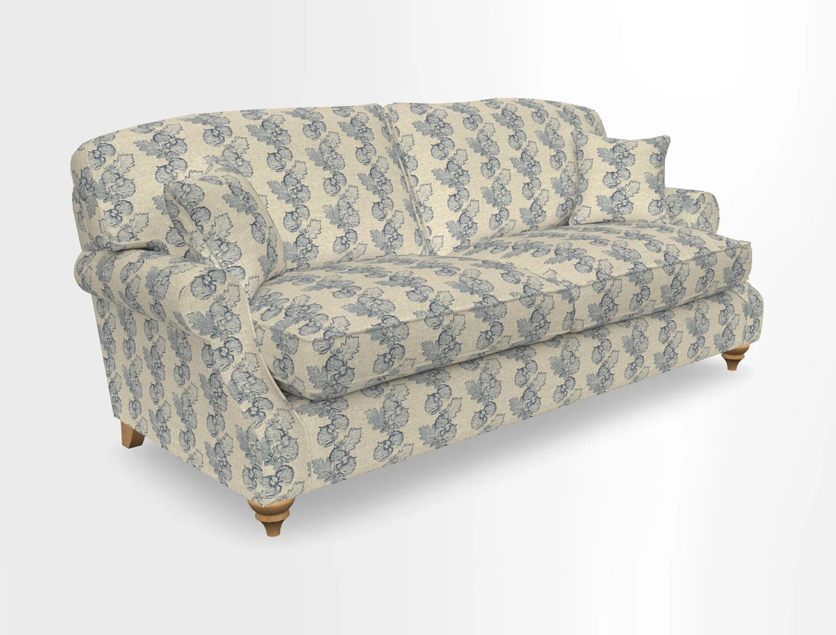 St Mawes 3 Seater Sofa in RHS Collection Gertrude Jekyll Trailing Vine Green-With-Scatters in Linwood Omega Velvet Hunter Green