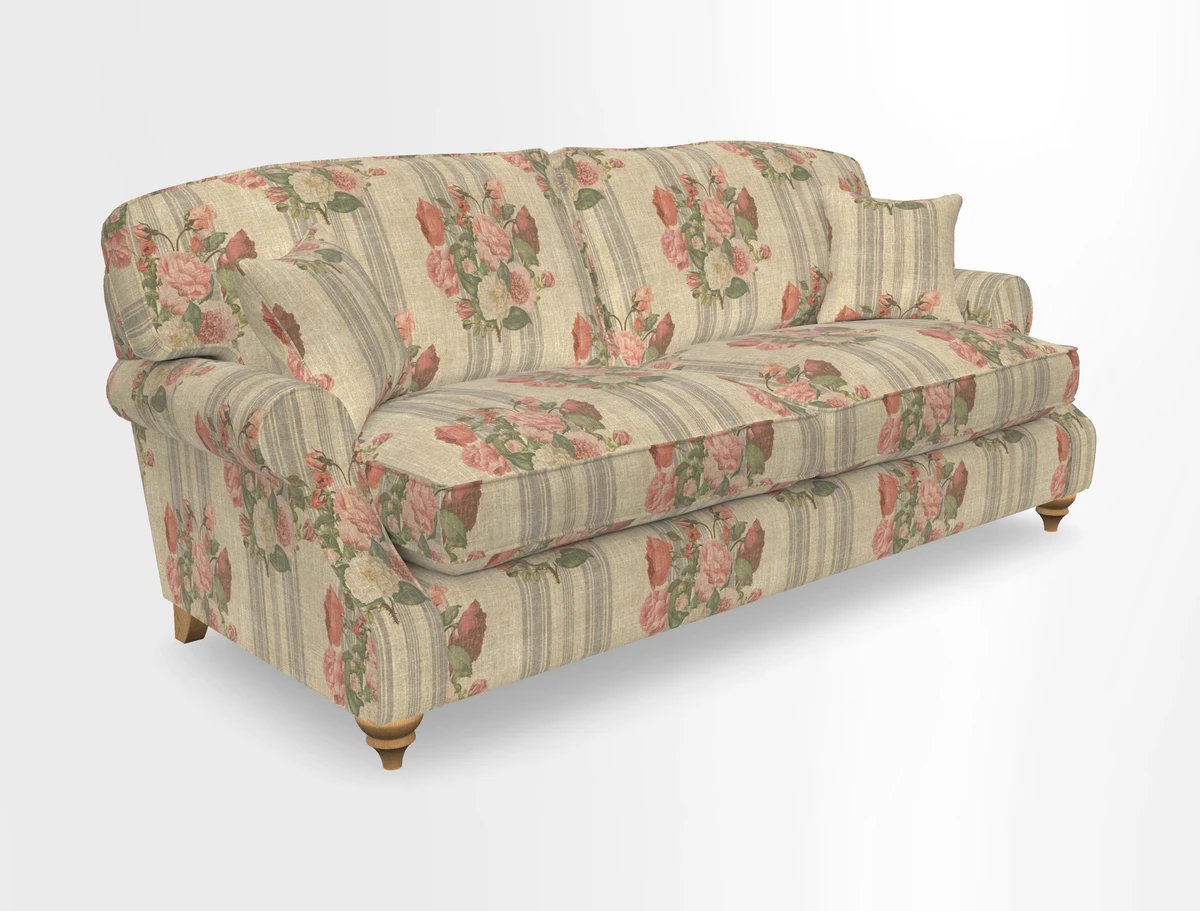 St Mawes 3 Seater Sofa in RHS Collection Gertrude Jekyll Trailing Vine Green-With-Scatters in Linwood Omega Velvet Hunter Green