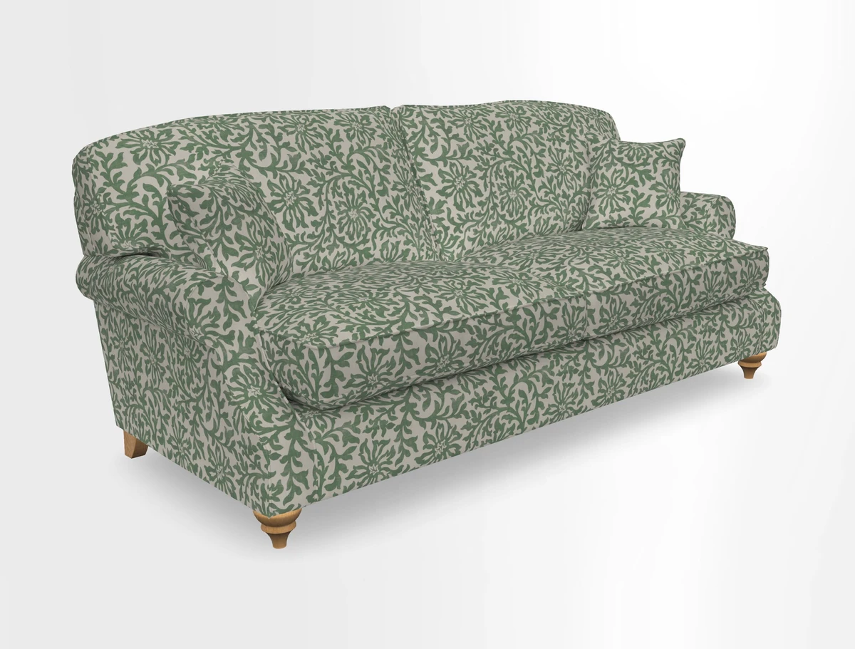St Mawes 3 Seater Sofa in RHS Collection Gertrude Jekyll Trailing Vine Green-With-Scatters in Linwood Omega Velvet Hunter Green