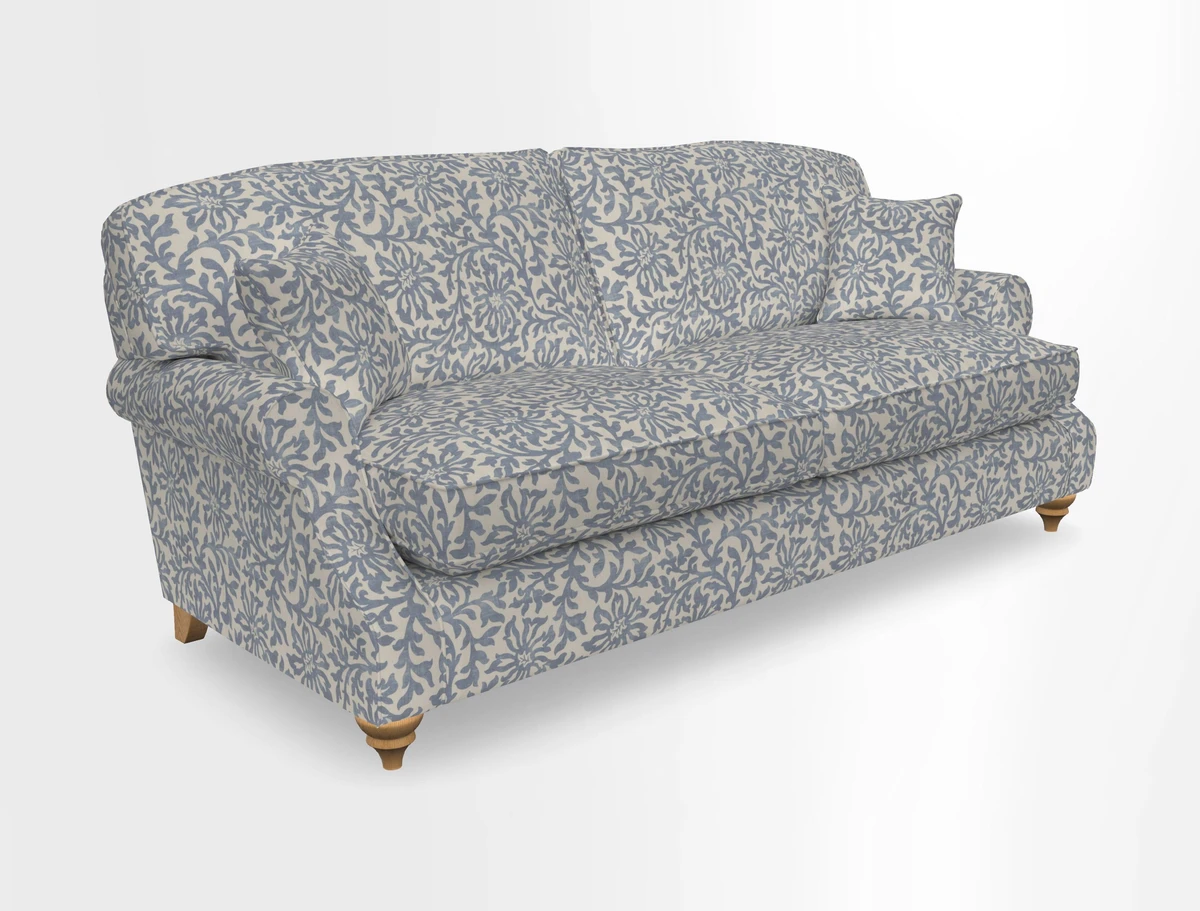 St Mawes 3 Seater Sofa in RHS Collection Gertrude Jekyll Trailing Vine Green-With-Scatters in Linwood Omega Velvet Hunter Green
