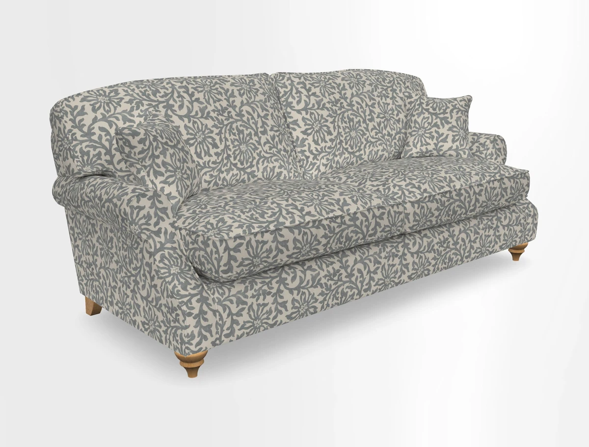 St Mawes 3 Seater Sofa in RHS Collection Gertrude Jekyll Trailing Vine Green-With-Scatters in Linwood Omega Velvet Hunter Green
