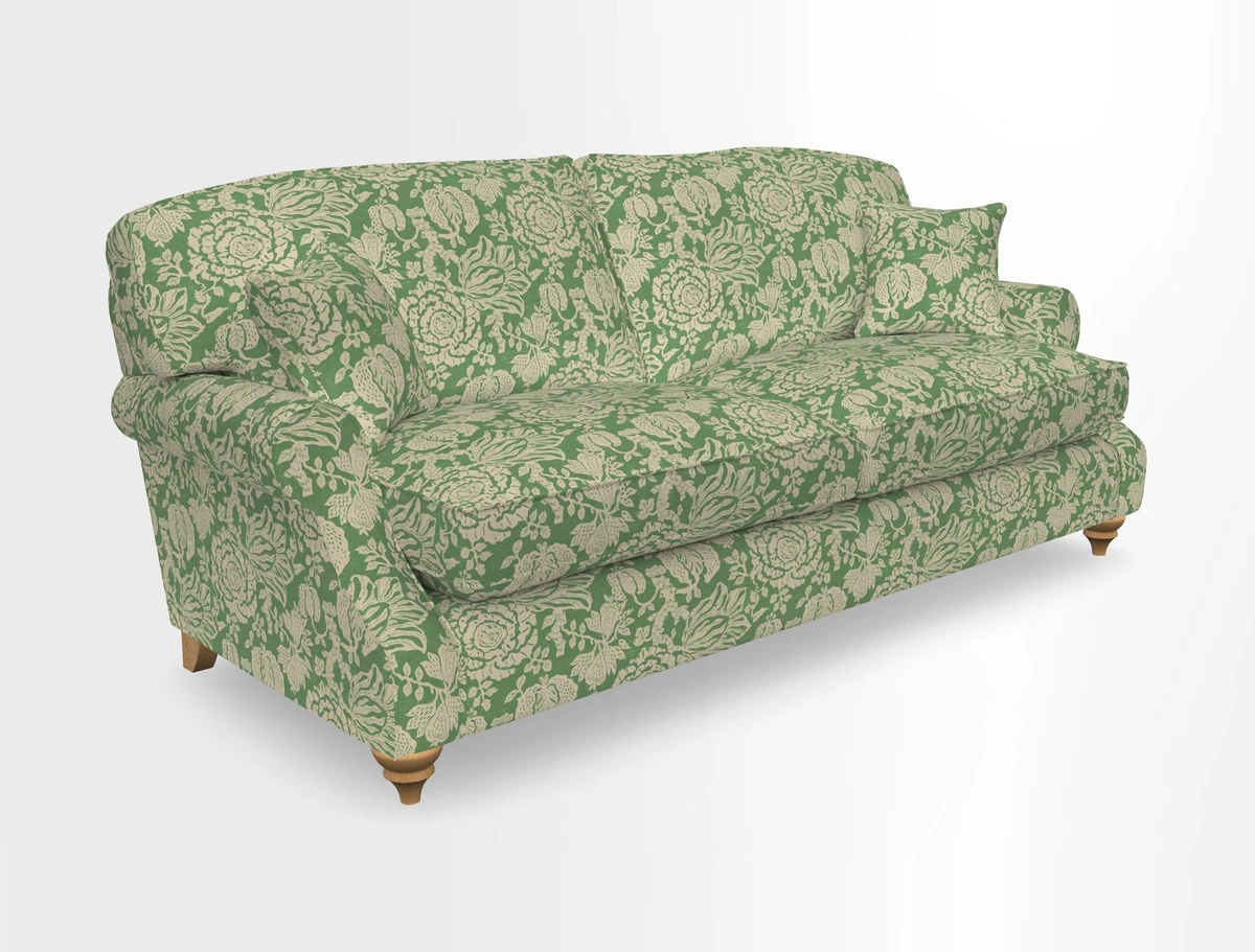 St Mawes 3 Seater Sofa in RHS Collection Gertrude Jekyll Trailing Vine Green-With-Scatters in Linwood Omega Velvet Hunter Green