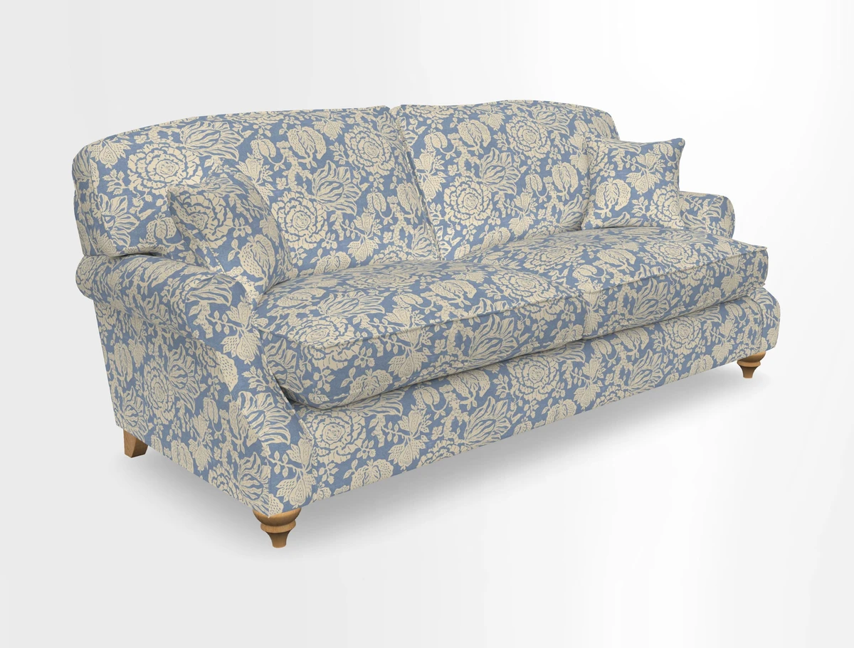 St Mawes 3 Seater Sofa in RHS Collection Gertrude Jekyll Trailing Vine Green-With-Scatters in Linwood Omega Velvet Hunter Green