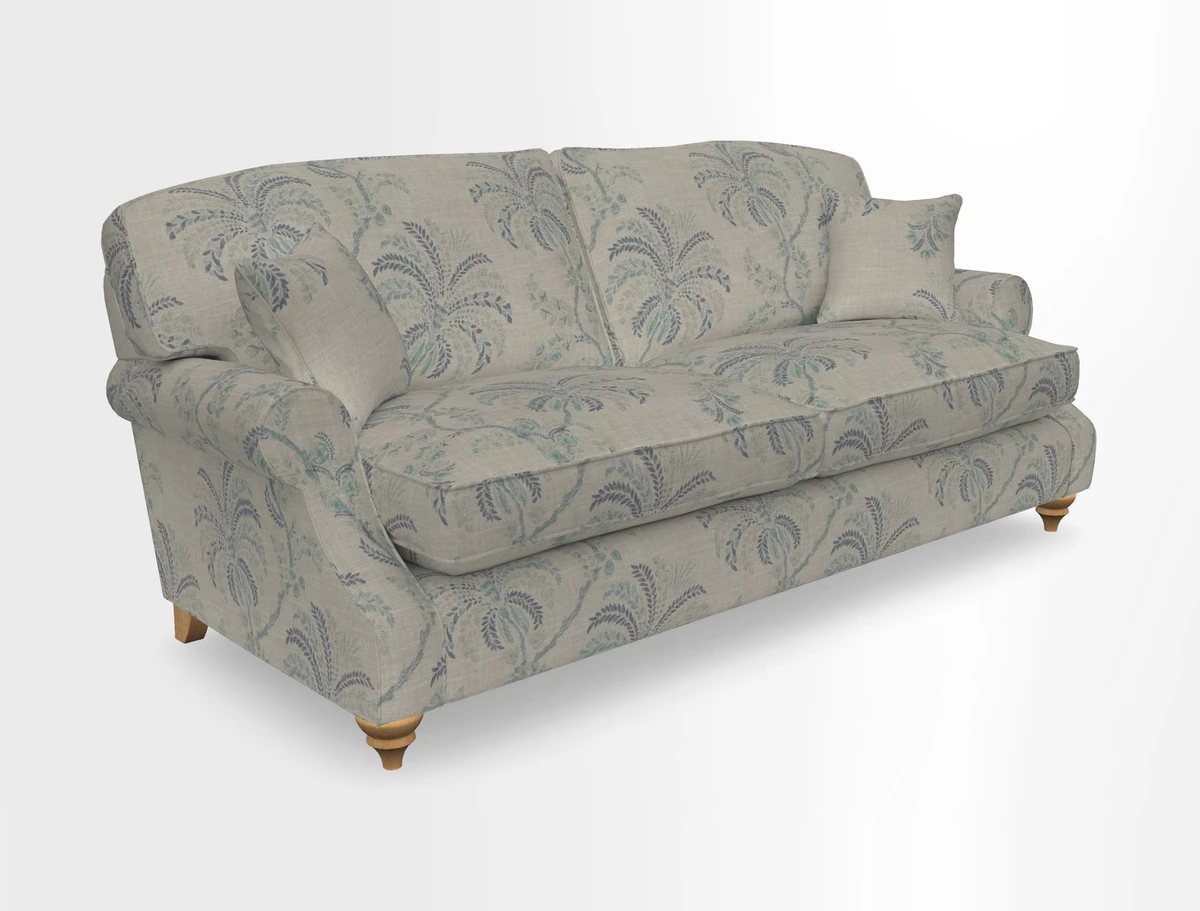 St Mawes 3 Seater Sofa in RHS Collection Gertrude Jekyll Trailing Vine Green-With-Scatters in Linwood Omega Velvet Hunter Green