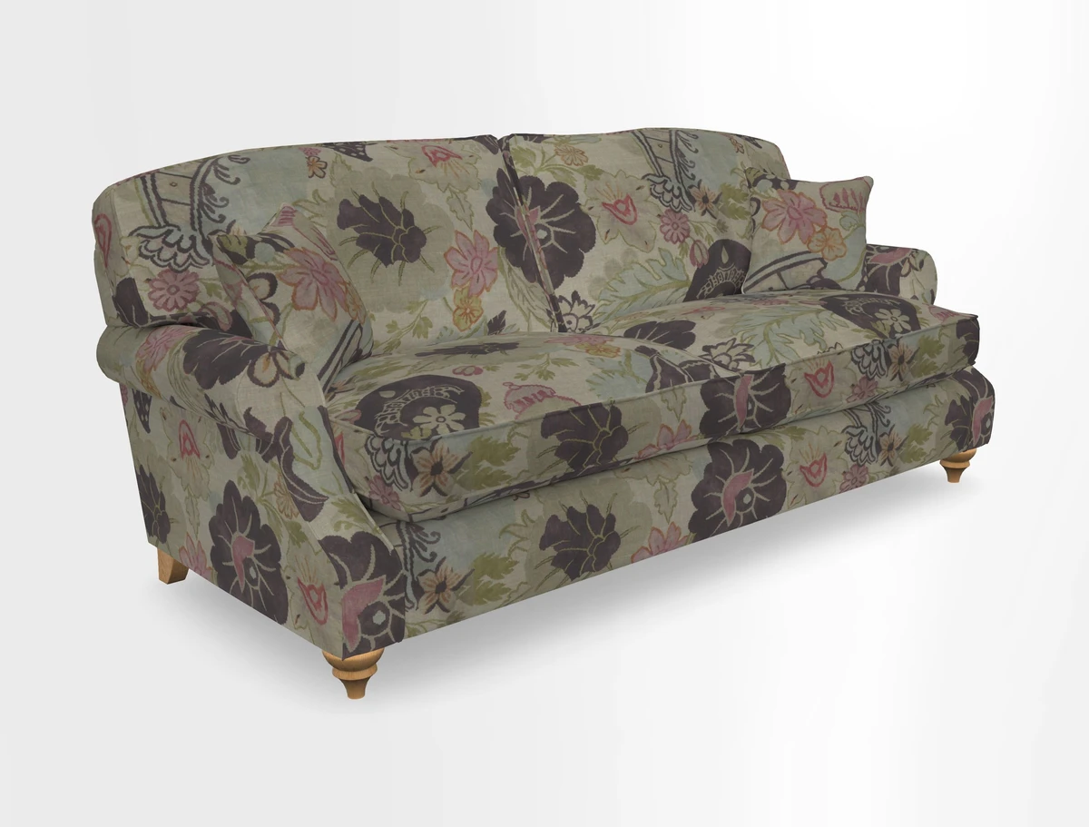 St Mawes 3 Seater Sofa in RHS Collection Gertrude Jekyll Trailing Vine Green-With-Scatters in Linwood Omega Velvet Hunter Green