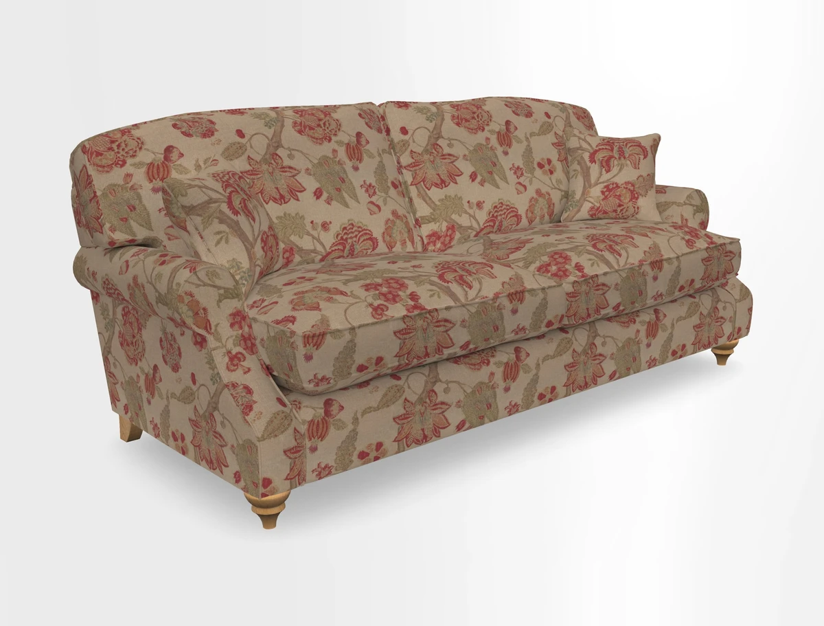 St Mawes 3 Seater Sofa in RHS Collection Gertrude Jekyll Trailing Vine Green-With-Scatters in Linwood Omega Velvet Hunter Green