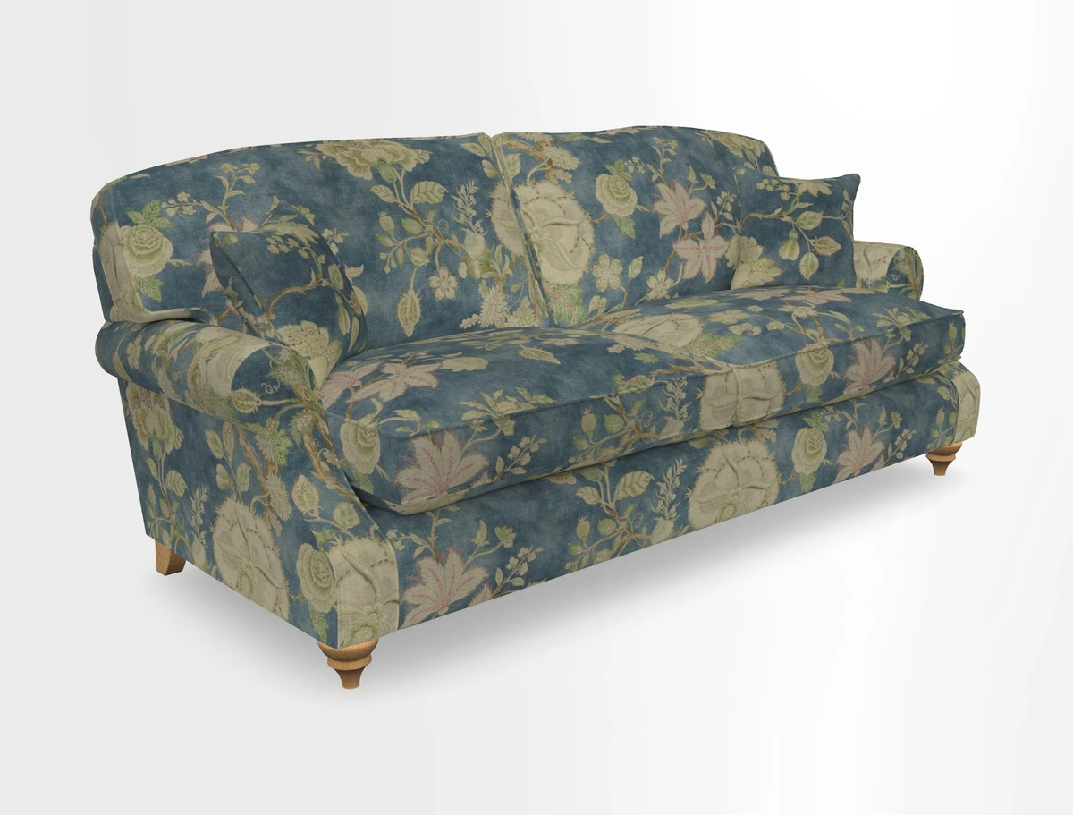 St Mawes 3 Seater Sofa in RHS Collection Gertrude Jekyll Trailing Vine Green-With-Scatters in Linwood Omega Velvet Hunter Green