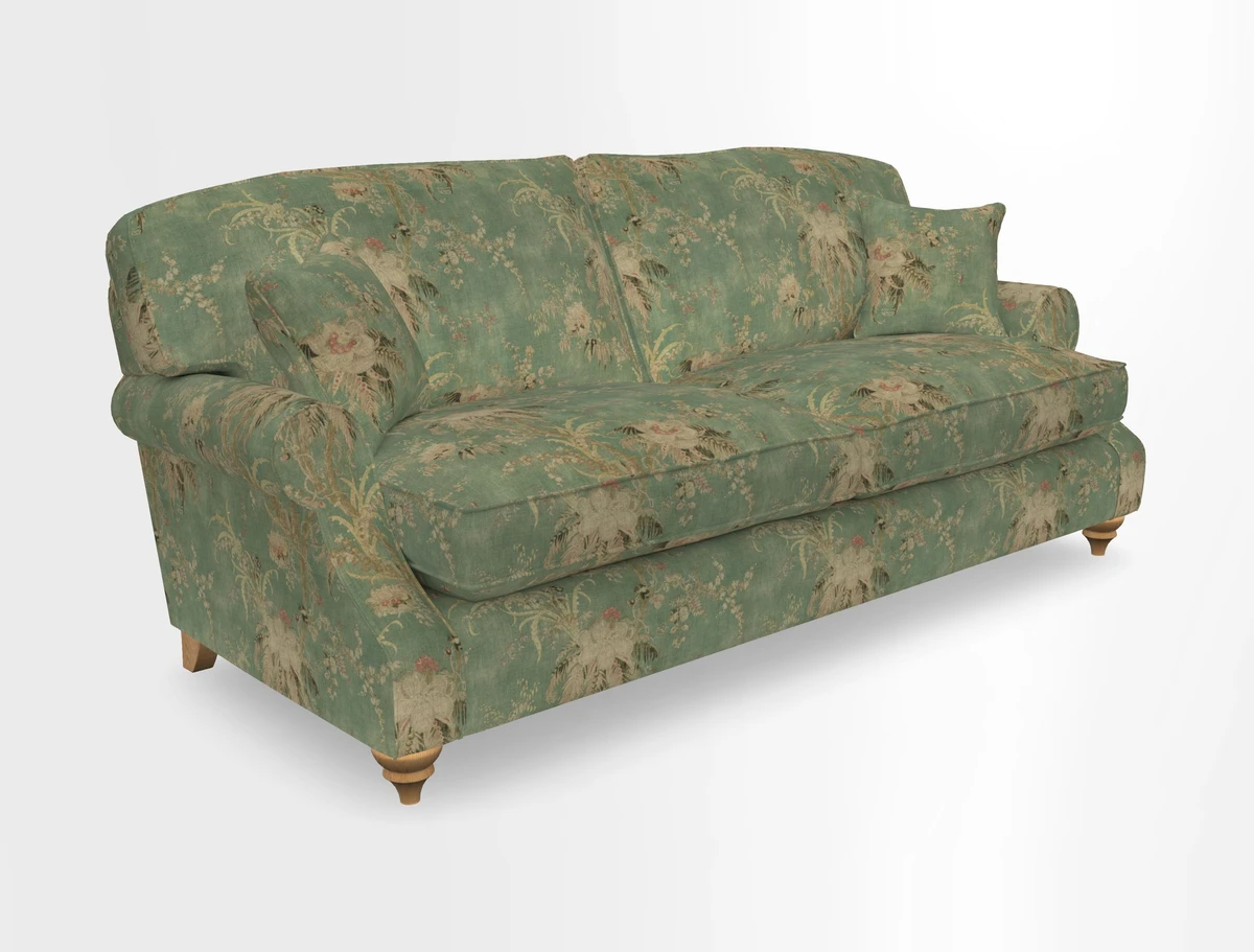 St Mawes 3 Seater Sofa in RHS Collection Gertrude Jekyll Trailing Vine Green-With-Scatters in Linwood Omega Velvet Hunter Green