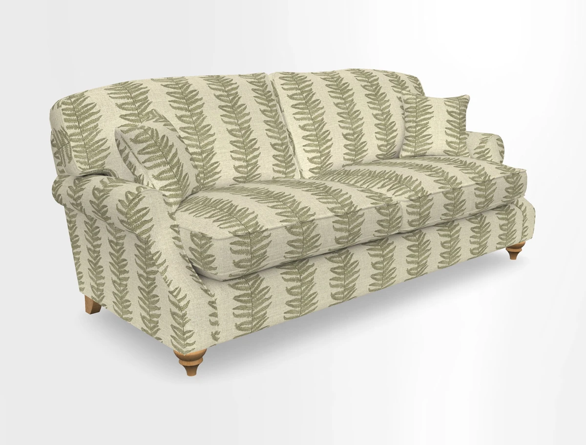 St Mawes 3 Seater Sofa in RHS Collection Gertrude Jekyll Trailing Vine Green-With-Scatters in Linwood Omega Velvet Hunter Green