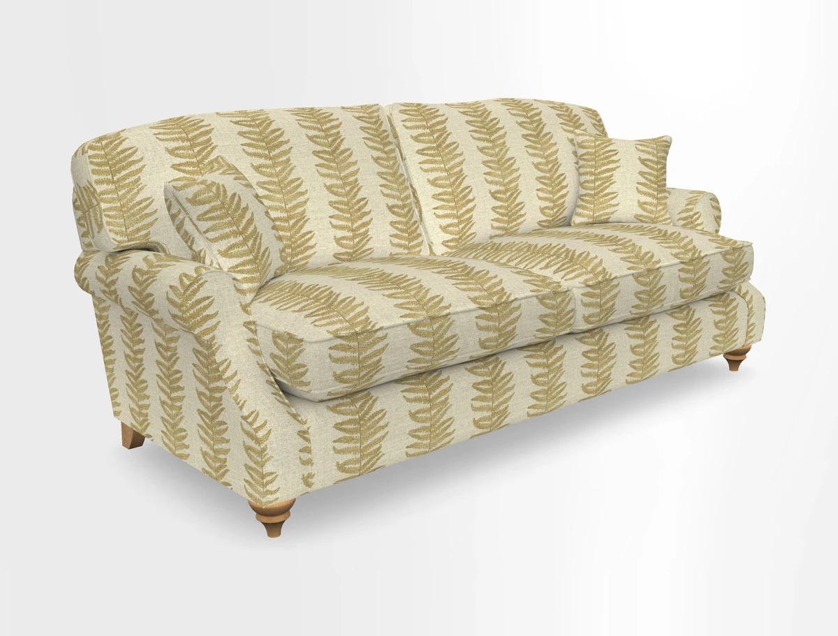 St Mawes 3 Seater Sofa in RHS Collection Gertrude Jekyll Trailing Vine Green-With-Scatters in Linwood Omega Velvet Hunter Green
