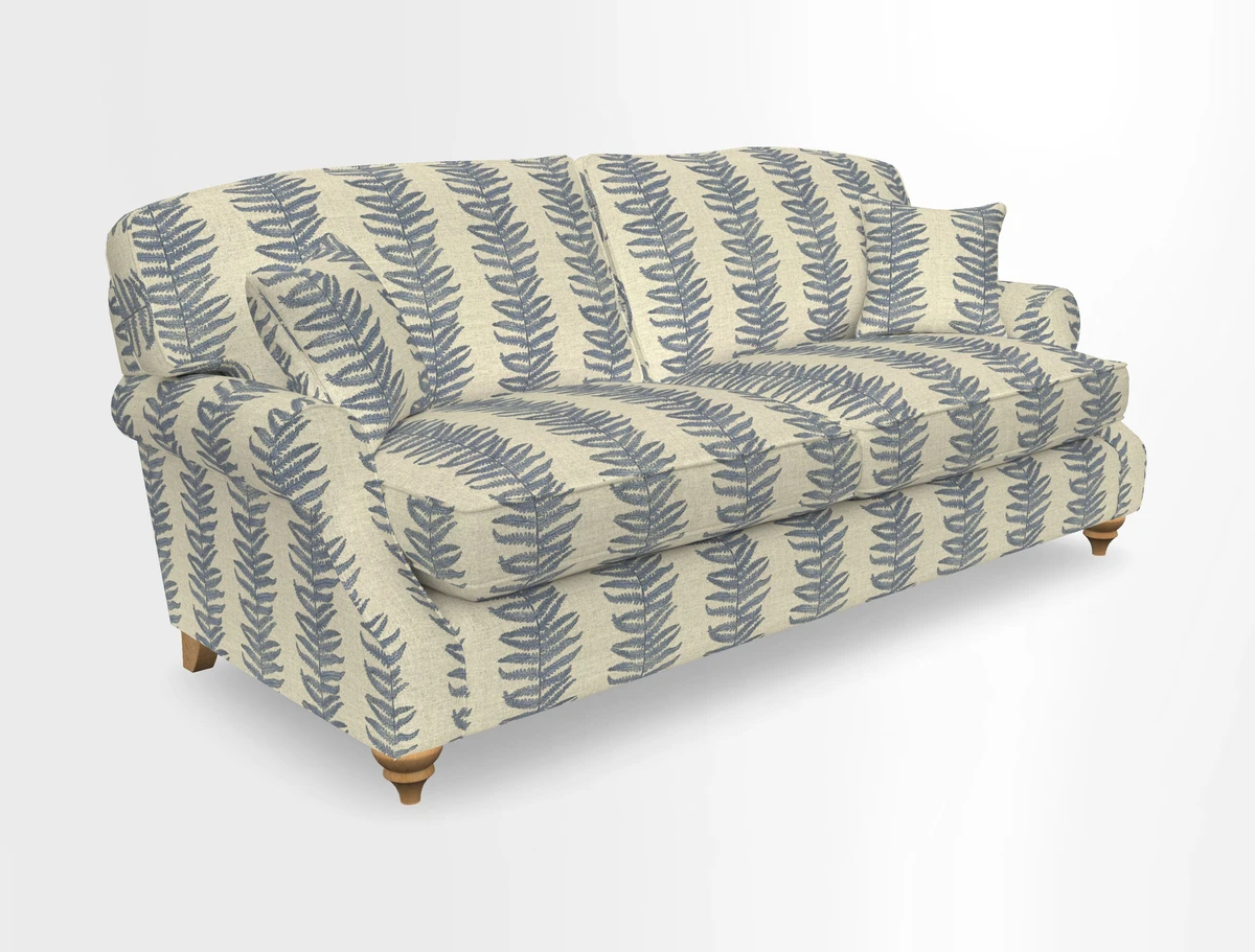 St Mawes 3 Seater Sofa in RHS Collection Gertrude Jekyll Trailing Vine Green-With-Scatters in Linwood Omega Velvet Hunter Green