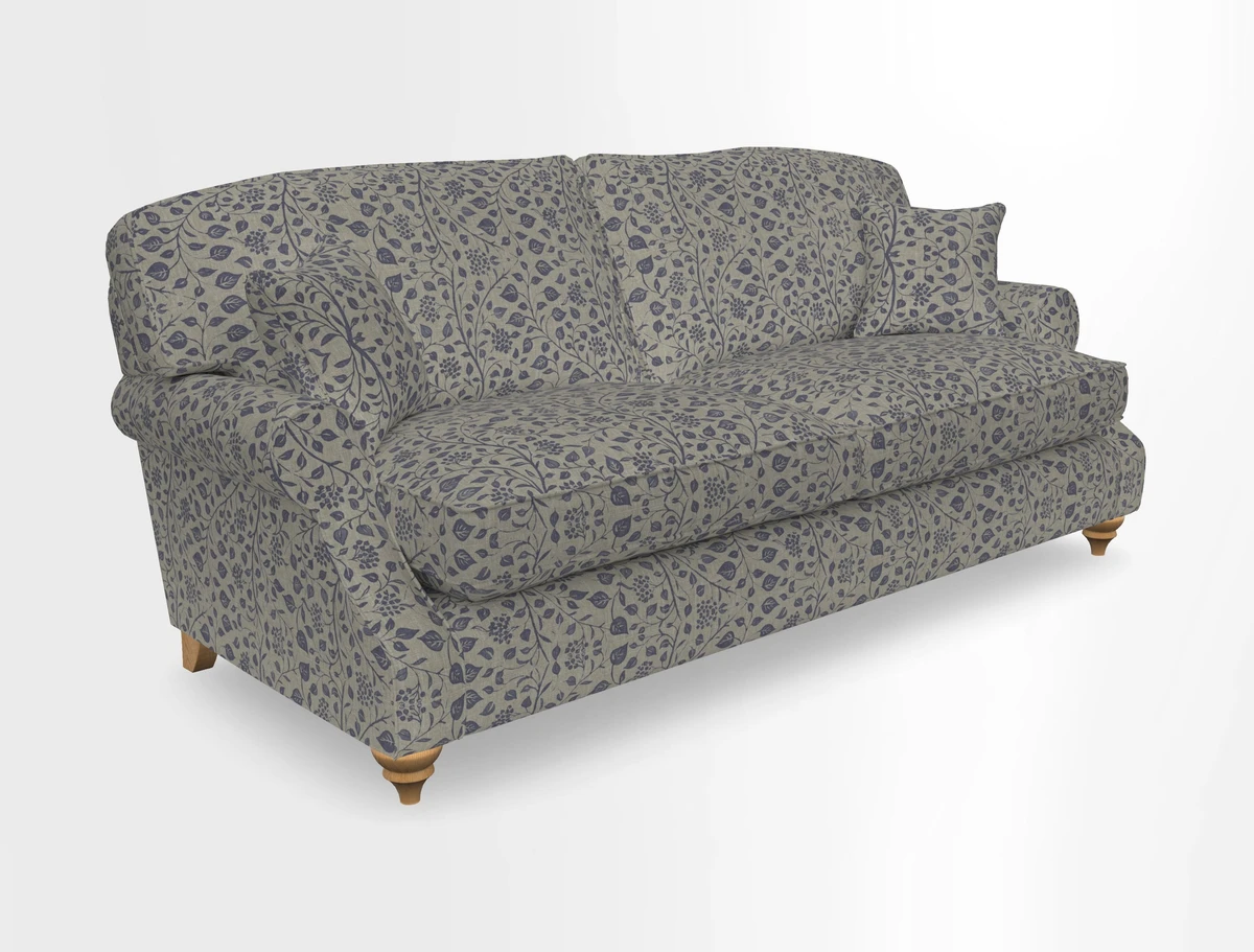 St Mawes 3 Seater Sofa in RHS Collection Gertrude Jekyll Trailing Vine Green-With-Scatters in Linwood Omega Velvet Hunter Green