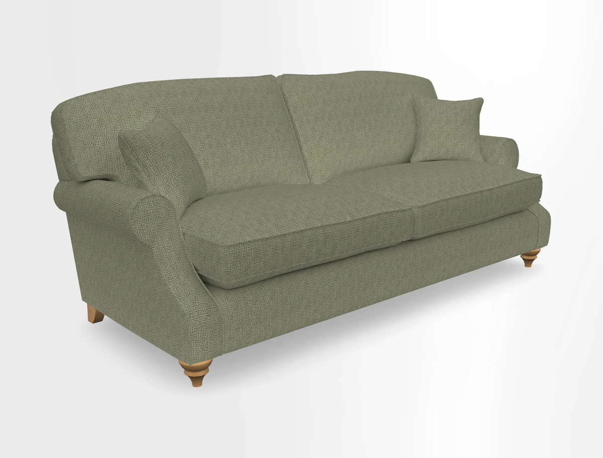 St Mawes 3 Seater Sofa in RHS Collection Gertrude Jekyll Trailing Vine Green-With-Scatters in Linwood Omega Velvet Hunter Green