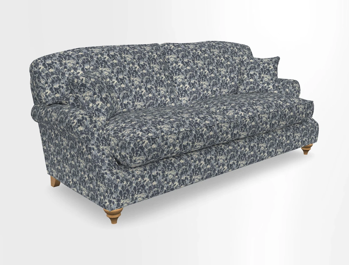 St Mawes 3 Seater Sofa in RHS Collection Gertrude Jekyll Trailing Vine Green-With-Scatters in Linwood Omega Velvet Hunter Green
