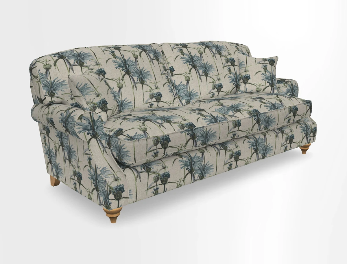 St Mawes 3 Seater Sofa in RHS Collection Gertrude Jekyll Trailing Vine Green-With-Scatters in Linwood Omega Velvet Hunter Green