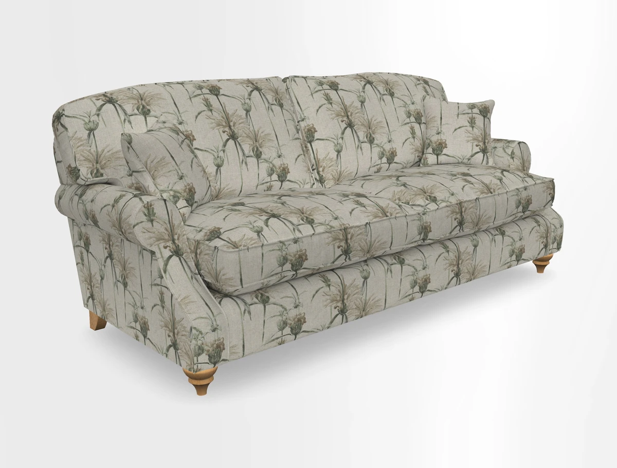 St Mawes 3 Seater Sofa in RHS Collection Gertrude Jekyll Trailing Vine Green-With-Scatters in Linwood Omega Velvet Hunter Green