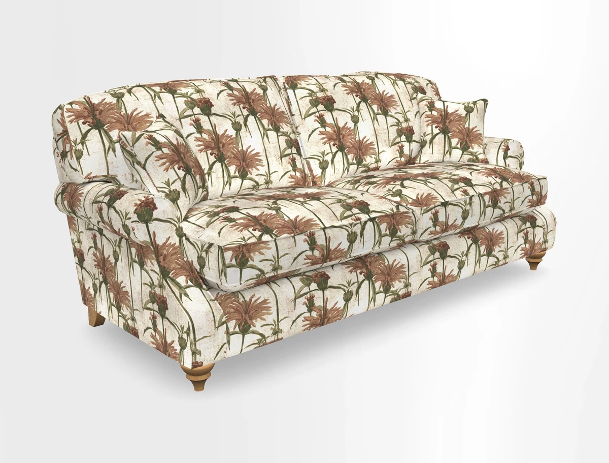 St Mawes 3 Seater Sofa in RHS Collection Gertrude Jekyll Trailing Vine Green-With-Scatters in Linwood Omega Velvet Hunter Green