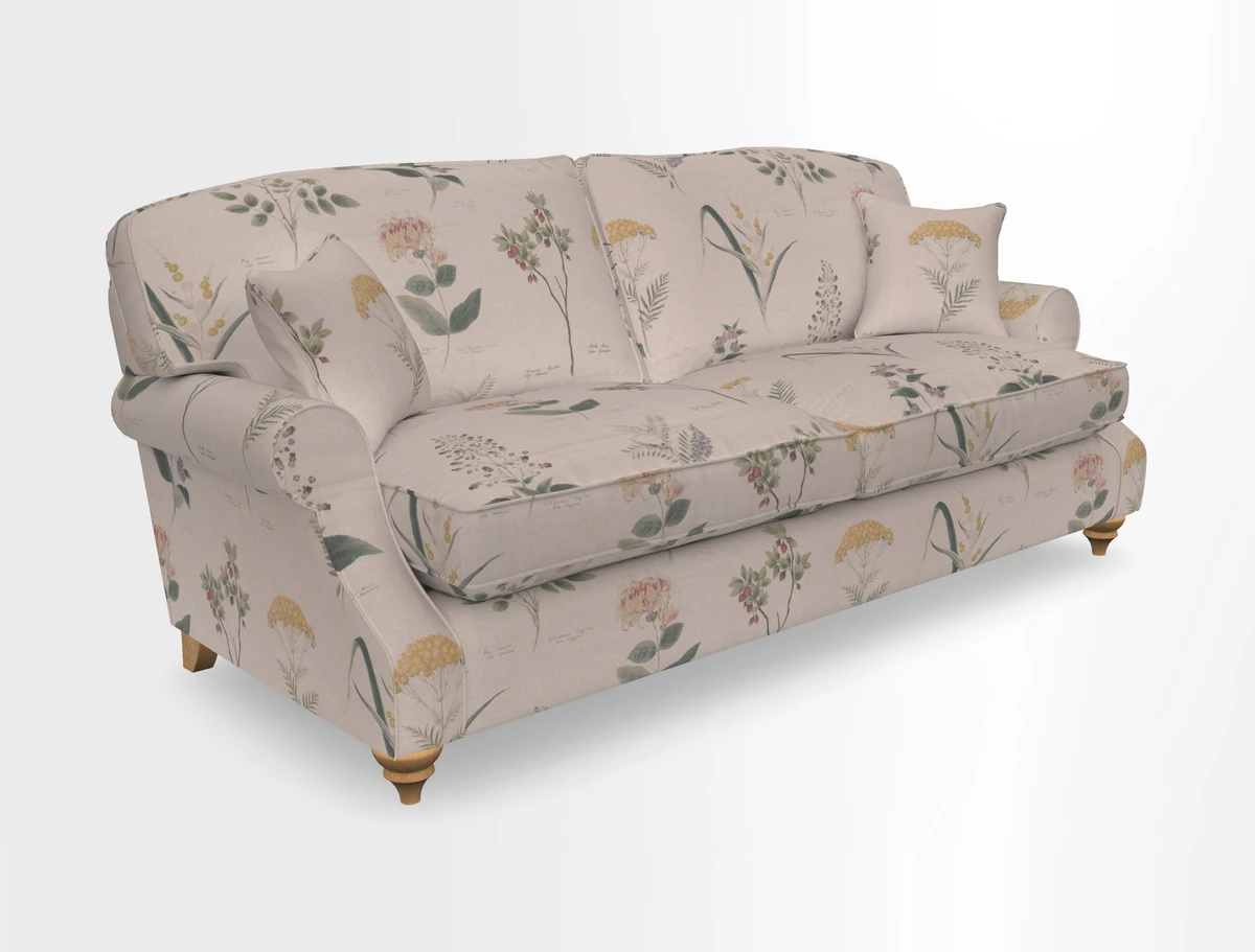 St Mawes 3 Seater Sofa in RHS Collection Gertrude Jekyll Trailing Vine Green-With-Scatters in Linwood Omega Velvet Hunter Green