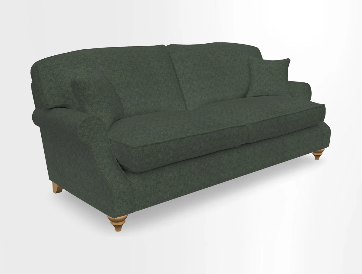 St Mawes 3 Seater Sofa in RHS Collection Gertrude Jekyll Trailing Vine Green-With-Scatters in Linwood Omega Velvet Hunter Green