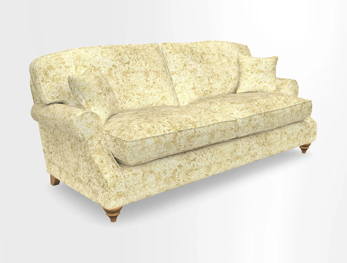 St Mawes 3 Seater Sofa in RHS Collection Gertrude Jekyll Trailing Vine Green-With-Scatters in Linwood Omega Velvet Hunter Green
