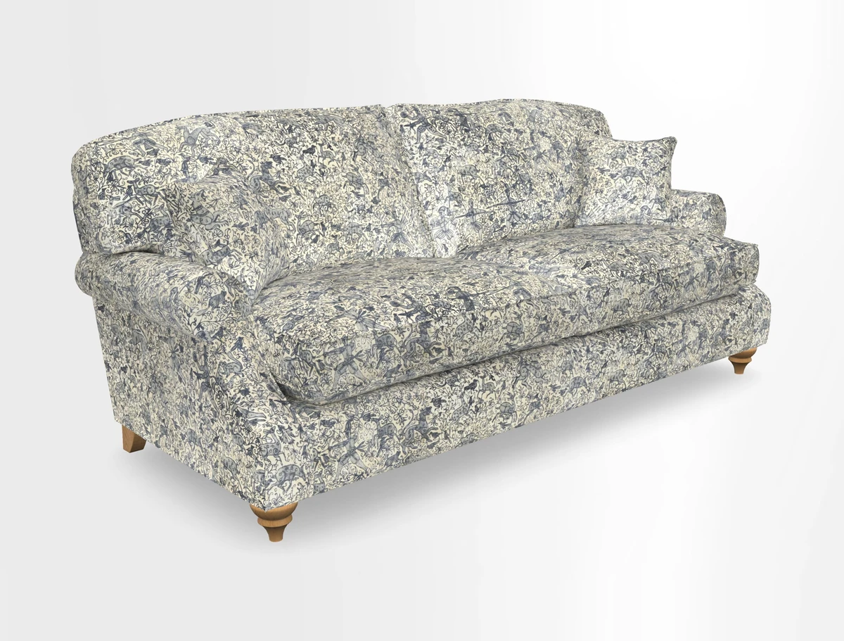 St Mawes 3 Seater Sofa in RHS Collection Gertrude Jekyll Trailing Vine Green-With-Scatters in Linwood Omega Velvet Hunter Green